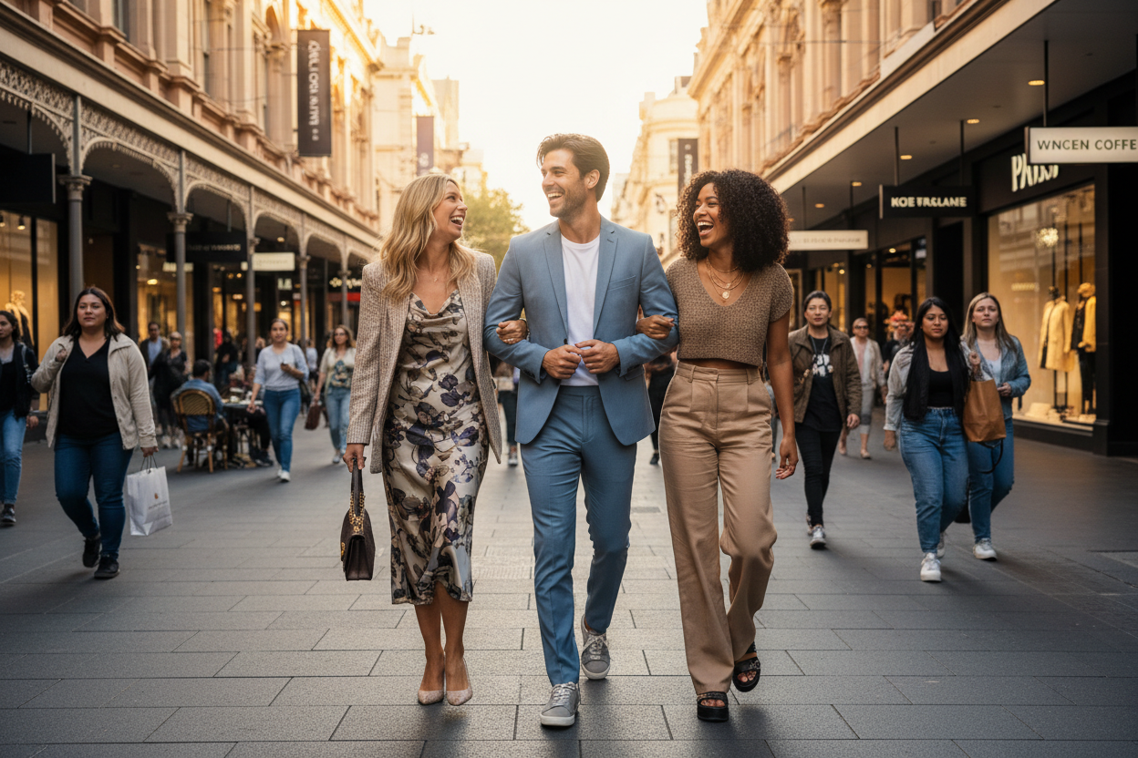 2 woman and 1 men are walking down a busy shopping street in melbourne. they look all beautifull and are wearing fashionable clothing. they are smiling and having a good time