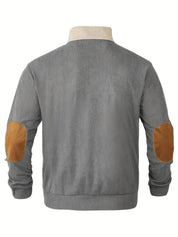 Men’s Ribbed Pullover Sweater - Quarter Button - Stand Collar - Long Sleeve - Elbow Patches-6