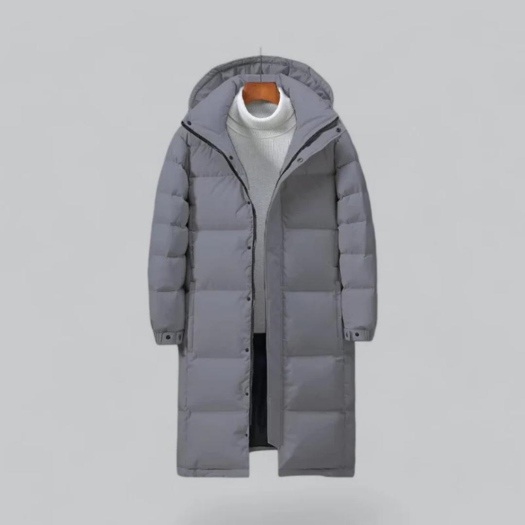Men's long buffer button down jacket | Hood-3