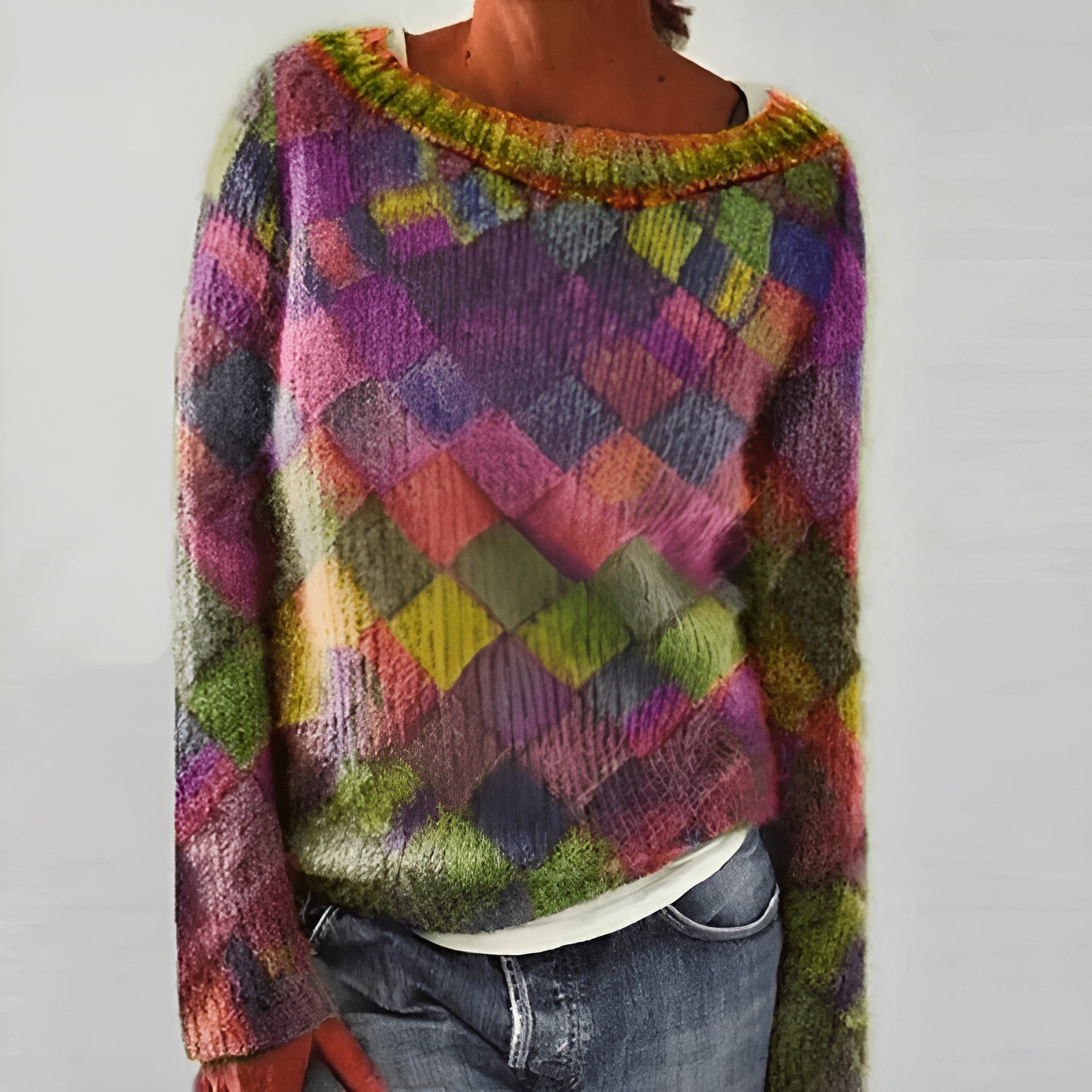 Sweater in colorful patchwork design for women in the winter of 2025-1