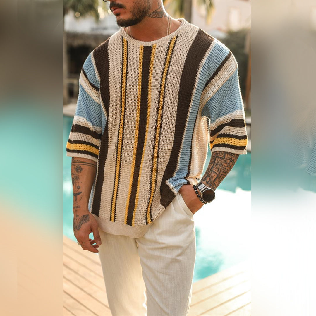 Men’s Knitted Sweater - Short Sleeve - Striped Pattern - Casual Comfortable Fit-2