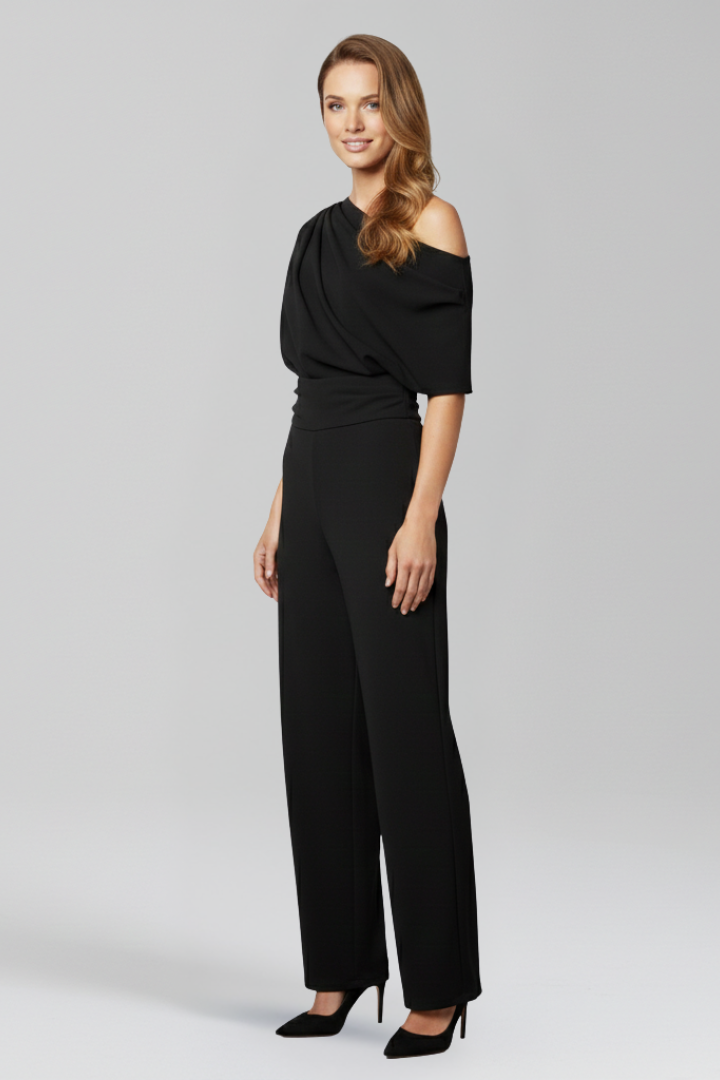 Black Women's Jumpsuit with Asymmetric Neckline and Long Sleeves - Stylish Full-Length Wide Leg Design 4