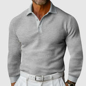 Men’s Knitted Polo Shirt - Waffle Texture - Slim Fit - Long Sleeve Smart Casual-5