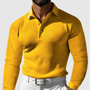 Men’s Knitted Polo Shirt - Waffle Texture - Slim Fit - Long Sleeve Smart Casual-3