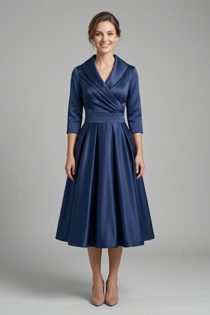Elegant Women's Midi Dress with Wrap Neckline and Pleated Skirt for Versatile Style 0