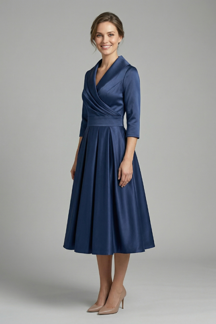 Elegant Women's Midi Dress with Wrap Neckline and Pleated Skirt for Versatile Style 2