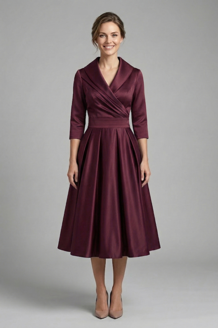 Elegant Women's Midi Dress with Wrap Neckline and Pleated Skirt for Versatile Style 5