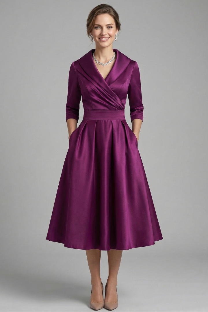Elegant Women's Midi Dress with Wrap Neckline and Pleated Skirt for Versatile Style 7