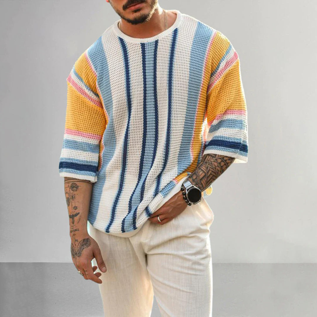 Men’s Knitted Sweater - Short Sleeve - Striped Pattern - Casual Comfortable Fit-4
