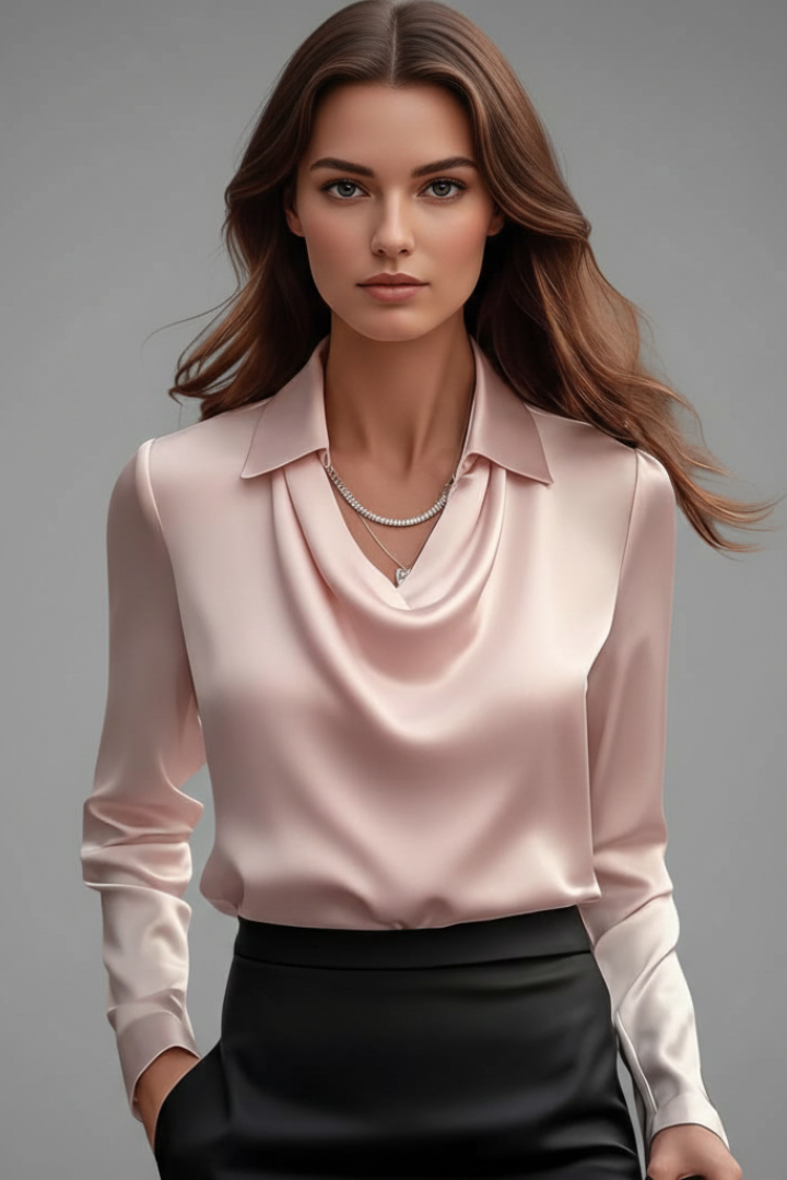 Women's Blouse with Draped Collar - Elegant Long Sleeve Top for Casual and Formal Wear 12