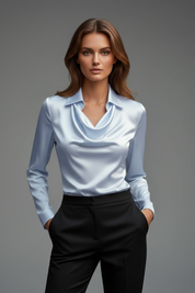 Women's Blouse with Draped Collar - Elegant Long Sleeve Top for Casual and Formal Wear 9