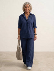 Women's Co Ord Set - Oversized Shirt & Wide Leg Trousers - Stylish Two Piece Sets for Effortless Casual Look 0