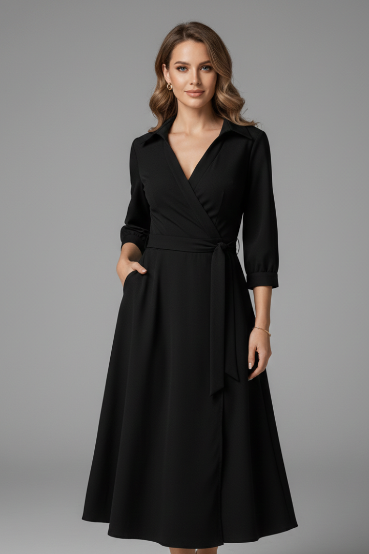 Women's Summer Midi Dress, Elegant V-Neck with Long Sleeves, A-Line Skirt for Formal or Casual Occasions 0