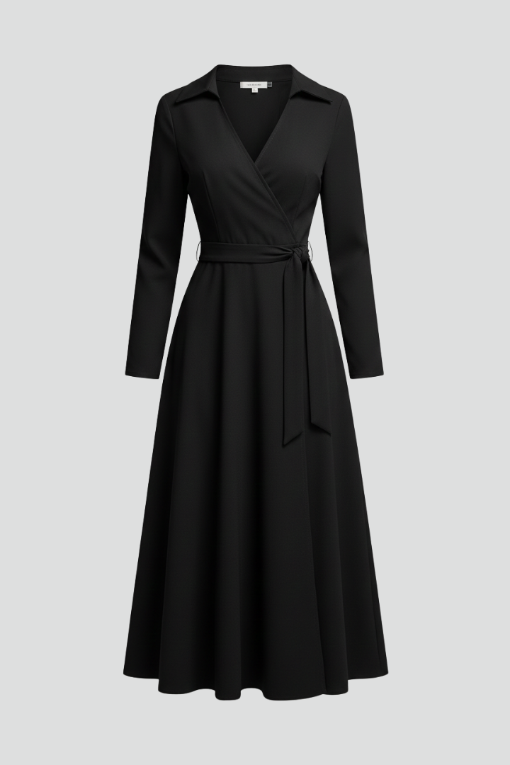 Women's Summer Midi Dress, Elegant V-Neck with Long Sleeves, A-Line Skirt for Formal or Casual Occasions 1