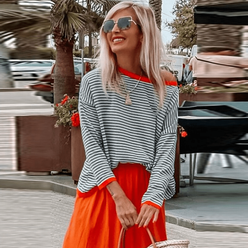 Sweater with blue stripes and orange hem-4